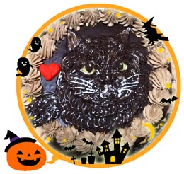 黒猫の似顔絵ケーキ、チョコたっぷりがけ、ハロウィンケーキ